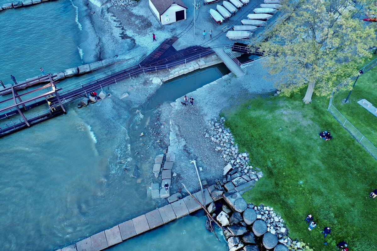 The breakwall and marina from the air