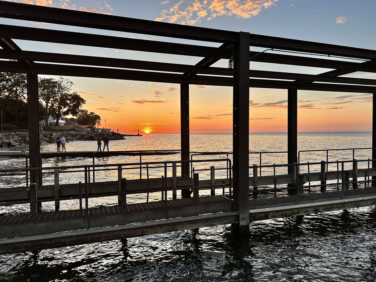 The lakefront pavilion at sunset